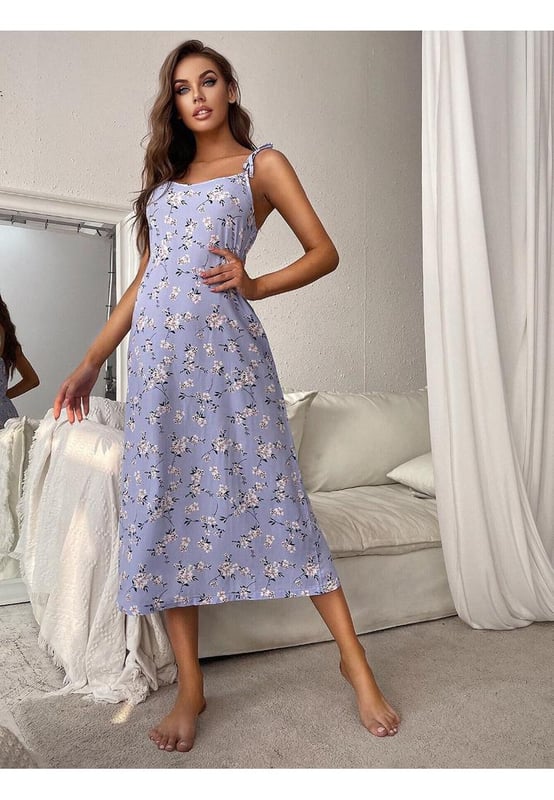 Printed Tie Shoulder Midi Night Dress
  Minimalist design
  Sleeveless
  Scoop neckline
  Tie details on shoulders
  100% viscose 100% rayon
  No stretch
  Not lined
  Machine wash cold tumble dry low
  Imported
  Sizing: S M L XL
  S: front length 44 in bust 30
  37 in waist 34 in
  M: front length 44 in bust 32
  38 in waist 36 in
  L: front length 45 in bust 34
  41 in waist 38 in
  XL: front length 46 in bust 36
  43 in waist 41 in