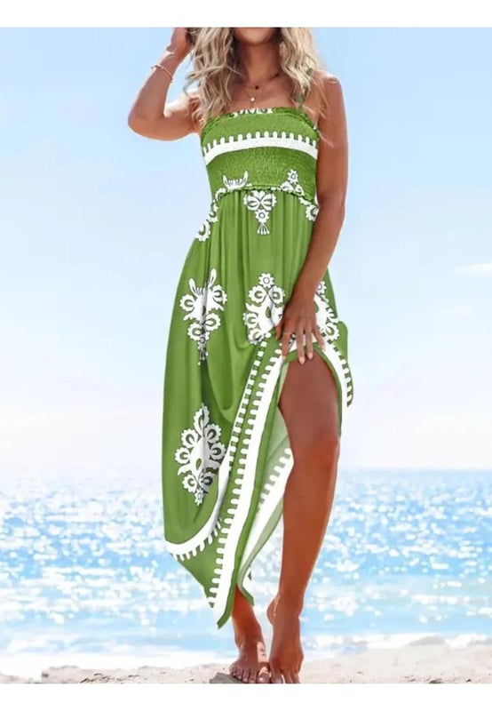 Smocked design
  No stretch
  Not lined
  100% polyester
  Machine wash cold
  Tumble dry low
  Imported
  Size S: Length 44.9 inches Bust 27.6 inches Bust Stretch Amount 41.7 inches
  Size M: Length 45.3 inches Bust 29.1 inches Bust Stretch Amount 43.3 inches
  Size L: Length 45.7 inches Bust 30.7 inches Bust Stretch Amount 44.9 inches
  Size XL: Length 46.1 inches Bust 32.3 inches Bust Stretch Amount 46.5 inches
  Size 2XL: Length 46.5 inches Bust 33.1 inches Bust Stretch Amount 48 inches
Material: Polyester
