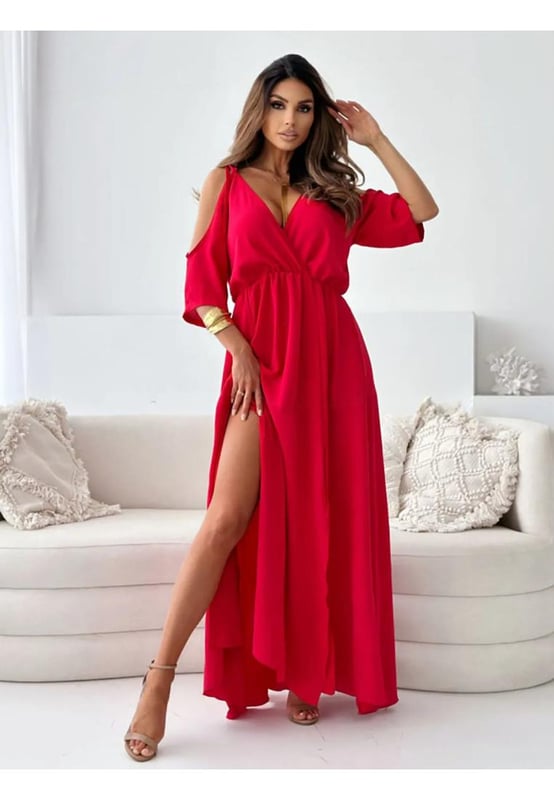 Tied Shoulder Slit Maxi Dress
  Features: Slit Tied
  Material composition: 100% polyester
  No stretch
  Body: Not lined
  Care instructions: Machine wash cold tumble dry low
  Imported