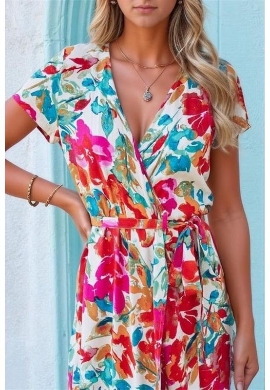 Style: Maxi dress
  Neckline: Surplice
  Sleeve Type: Short sleeves
  Waist: Tie waist design
  Fabric: Opaque
  Stretch: No stretch
  Lining: Not lined
  Material: 100% polyester
  Care instructions: Machine wash cold tumble dry low
  Sizing: Available in sizes S M and L
  Measurements: Length (S: 53.1 inches M: 53.9 inches L: 54.7 inches) Shoulder (S: 14.2 inches M: 14.6 inches L: 15.2 inches) Bust (S: 34.6 inches M: 36.2 inches L: 38.6 inches) Hip (S: 42.5 inches M: 44.1 inches L: 46.5 inches) Sleeve Length (S: 8.3 inches M: 8.5 inches L: 8.7 inches)