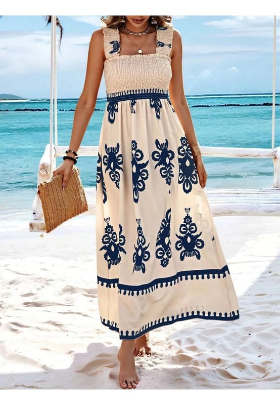 Smocked Printed Wide Strap Maxi Dress
  Features: Ruched Smocked
  Sheer: Opaque
  Stretch: No stretch
  Body: Not lined
  Material composition: 95% polyester 5% elastane
  Care instructions: Machine wash cold. Tumble dry low.
  Imported