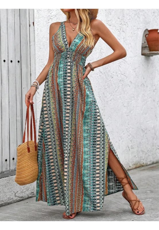 Slit design
  Tied back
  Smocked detailing
  No stretch
  Not lined
  Material composition: 100% polyester
  Care instructions: Machine wash cold tumble dry low
  Imported
  Product Measurements (Measurements by inches) & Size Conversion:
  Size US Length Bust
  S 4 53.5 37.4
  M 6/8 53.9 39
  L 10/12 54.3 41.3
  XL 14 54.7 43.7