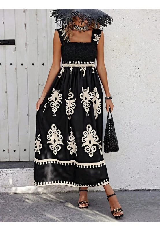 Smocked Printed Wide Strap Maxi Dress
  Features: Ruched Smocked
  Sheer: Opaque
  Stretch: No stretch
  Body: Not lined
  Material composition: 95% polyester 5% elastane
  Care instructions: Machine wash cold. Tumble dry low.
  Imported
