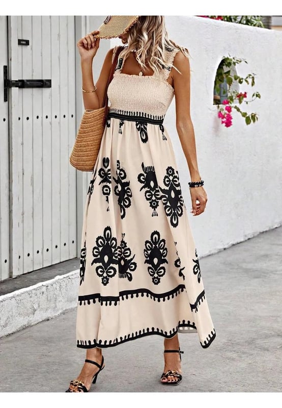 Smocked Printed Wide Strap Maxi Dress
  Features: Ruched Smocked
  Sheer: Opaque
  Stretch: No stretch
  Body: Not lined
  Material composition: 95% polyester 5% elastane
  Care instructions: Machine wash cold. Tumble dry low.
  Imported