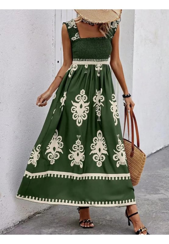 Smocked Printed Wide Strap Maxi Dress
  Features: Ruched Smocked
  Sheer: Opaque
  Stretch: No stretch
  Body: Not lined
  Material composition: 95% polyester 5% elastane
  Care instructions: Machine wash cold. Tumble dry low.
  Imported