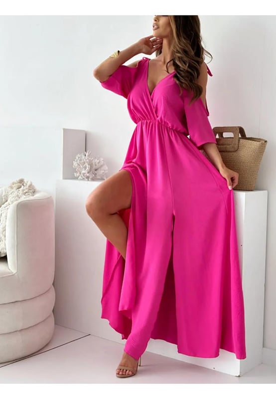 Vestido Maxi con Hendidura y Tirantes Atados  
Características: Hendidura Atada  
Composición del material: 100% poliéster  
Sin elasticidad  
Cuerpo: No forrado  
Instrucciones de cuidado: Lavar a máquina en frío, secar a baja temperatura  
Importado