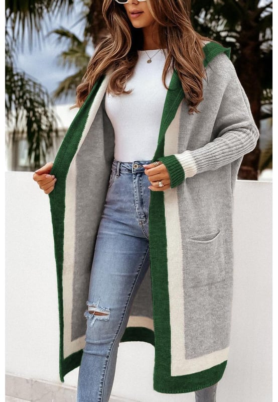 Pocketed Contrast Long Sleeve Hooded Cardigan
  Material composition: 65% acrylic 35% polyamide
  Moderate stretch
  Care instructions: Machine wash cold tumble dry low
  Imported
  One Size: Top Length 35.4 inches Bust 48 inches Sleeve Length 16.1 inches