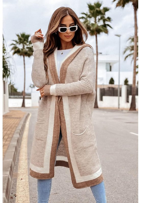 Pocketed Contrast Long Sleeve Hooded Cardigan
  Material composition: 65% acrylic 35% polyamide
  Moderate stretch
  Care instructions: Machine wash cold tumble dry low
  Imported
  One Size: Top Length 35.4 inches Bust 48 inches Sleeve Length 16.1 inches