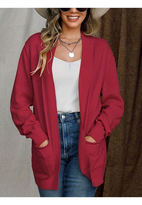 Open Front Long Sleeve Sweater Cardigan
  Pocketed design
  Slightly stretchy material
  100% polyester composition
  Machine wash cold tumble dry low
  Imported