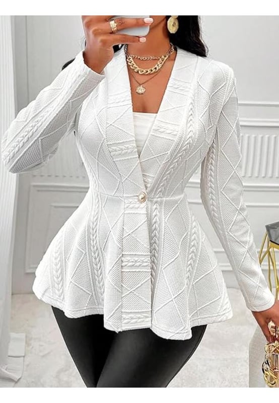 One Button Textured Peplum Cardigan
  Buttoned closure
  Thin thickness
  Not lined
  95% polyester 5% spandex
  Machine wash cold
  Tumble dry low
  Imported
  Product Measurements (in inches):
  Size S: Bust 33.9 Top Length 25.2 Sleeve Length 23.8
  Size M: Bust 35.4 Top Length 25.6 Sleeve Length 24.2
  Size L: Bust 37.8 Top Length 26.2 Sleeve Length 24.6
  Size XL: Bust 40.2 Top Length 26.8 Sleeve Length 25
  Size 2XL: Bust 42.5 Top Length 27.4 Sleeve Length 25.4
Material: Polyester Knit