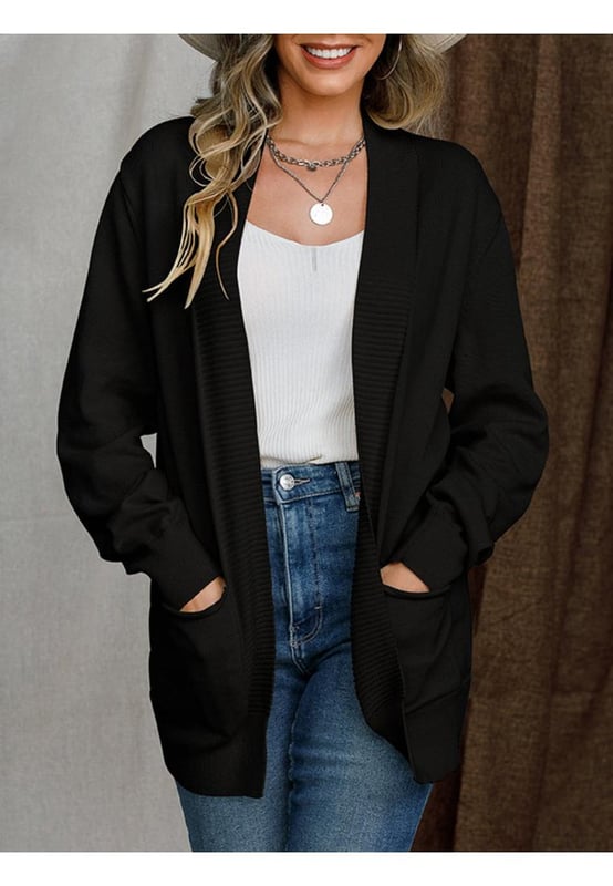 Open Front Long Sleeve Sweater Cardigan
  Pocketed design
  Slightly stretchy material
  100% polyester composition
  Machine wash cold tumble dry low
  Imported