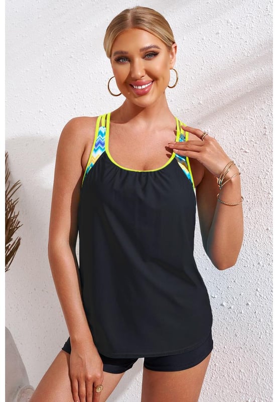 Top type: No underwire
  Chest pad: Removable padding
  Pattern type: Contrast
  Style: Outdoors Beach
  Features: Basic style
  Neckline: Scoop neck
  Material composition: 82% nylon 18% spandex
  Stretch: Moderate stretch
  Care instructions: Machine wash cold. Tumble dry low.
  Imported
  Product measurements: S: bust 28 in length 17
  19 in; M: bust 30 in length 17
  19 in; L: bust 33 in length 17.5
  19.5 in; XL: bust 35 in length 18
  20 in; 2XL: bust 38 in length 18
  20.5 in