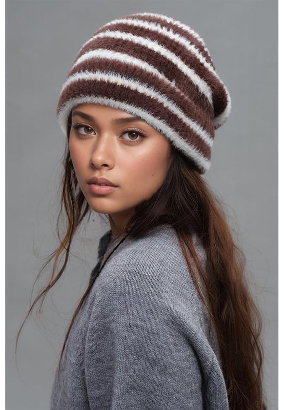 Product: Fuzzy Contrast Striped Thermal Hat
  Pieces: 1
  piece
  Material: Nylon
  Imported
  Actual Height: 10.2 inches
  Actual Width: 10.2 inches
  Gender: Women
