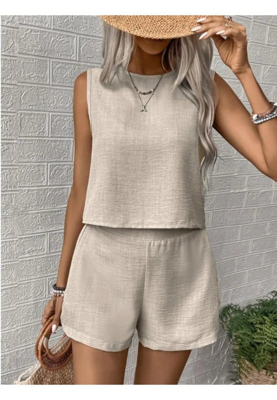 Basic style
  Two
  piece set
  Round neck sleeveless top
  Shorts included
  100% polyester
  Machine wash cold
  Tumble dry low
  Imported