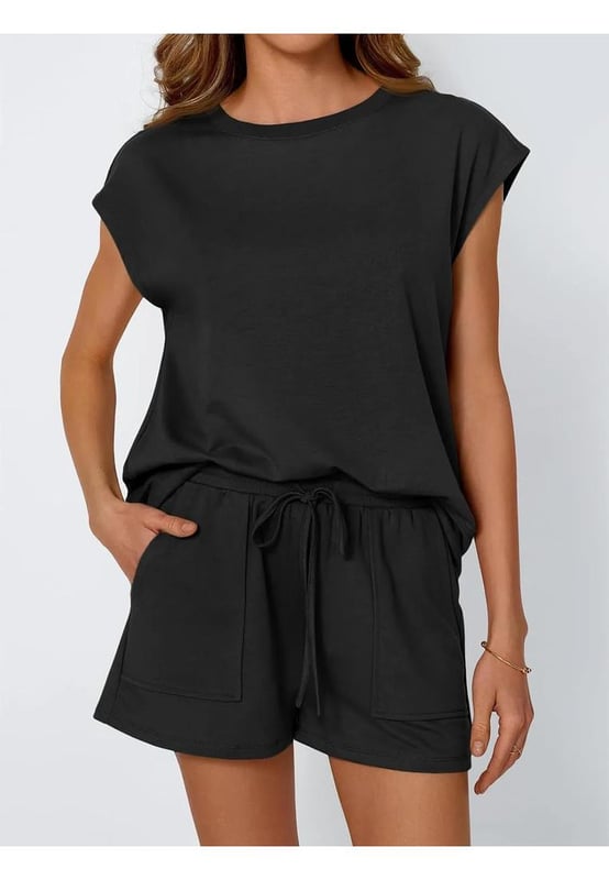 Two
  piece set
  Round neck cap sleeve top
  Pocketed design
  Drawstring shorts
  No stretch fabric
  Material composition: 95% polyester 5% spandex
  Care instructions: Machine wash cold tumble dry low
  Imported
