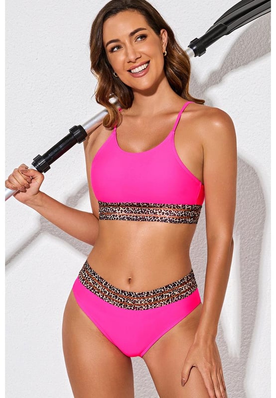 No underwire top
  Mid waist bottoms
  Two
  piece set
  Removable padding in top
  Contrast leopard pattern
  Suitable for outdoors and beach
  Basic style features
  Made from 82% nylon and 18% spandex
  Moderate stretch
  Machine wash cold tumble dry low
  Imported
Material: 82% Nylon 18% Spandex