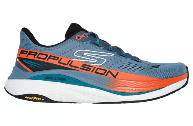 Skechers Mens Max Cushioning Propulsion Running Trainers Shoes 220509 Elevate your performance in ultimate comfort wearing Skechers Max Cushioning® Propulsion. This vegan running design features an engineered mesh upper with 'Propulsion' side graphic, Skechers Air-Cooled Goga Mat™ insole, an exceptionally comfortable Max Cushioning® midsole with ULTRA FLIGHT® cushioning and responsive TPU plate, all on a Goodyear® Performance Outsole.