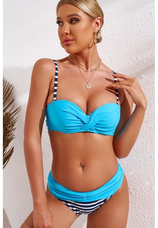 Top type: No underwire
  Bottom type: Mid waist
  Sizing category: Regular
  Number of pieces: Two
  Pattern type: Printed striped
  Material: 82% nylon 18% spandex
  Features: Basic style
  Stretch: Moderate stretch
  Sheer: No
  Body: Not lined
  Chest pad: No padding
  Care instructions: Machine wash cold. Tumble dry low.
  Imported