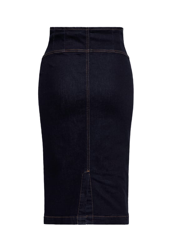 Tauche ein in die Welt des Vintage-Chics mit dem Retro Denim Rock von Queen Kerosin. Dieses elegante Stück verbindet klassischen Stil mit modernen Akzenten. Der Rock zeichnet sich durch seine kontrastierenden Nähte aus, die ihm einen authentischen Retro-Look verleihen.  Der 3-Knopf-Verschluss vorne ist nicht nur ein Blickfang, sondern auch praktisch, während der Schlitz hinten eine zusätzliche Note von Raffinesse und Bewegungsfreiheit bietet. Dieser Rock ist speziell entworfen, um die weibliche Figur zu betonen und eine schmeichelhafte Silhouette zu schaffen.  Perfekt für jede Gelegenheit, ob im Büro oder bei einem 50s-Event, dieser Retro Denim Rock ist ein Must-Have für jede Garderobe, die klassischen Stil und Komfort schätzt.  QUEEN KEROSIN: Queen Kerosin steht für den amerikanischen Zeitgeist der 50er Jahre mit Rock'n'Roll Rockabilly, Motorrädern, Bikes, Hot Rod und allem was dazu gehört! Unsere Designs mit Vintage Charme bringen Dich zurück in die gute Zeit.DESIGN: Dieses elegante Retro Denim Rock mit 3-Knopf-Verschluss vorne verbindet klassischen Stil mit modernen Akzenten. Der Rock zeichnet sich durch seine kontrastierenden Nähte aus, die ihm einen authentischen Retro-Look verleihen. Der besondere Verschluss vorne und der Schlitz hinten verleihen eine zusätzliche Note von Raffinesse und Bewegungsfreiheit. PASSFORM: Im Slim Fit geschnitten, um die weibliche Figur zu betonen und eine schmeichelhafte Silhouette zu schaffen.MATERIAL: Aus hochwertiger Baumwolle mit Stretchanteil hergestellt.
