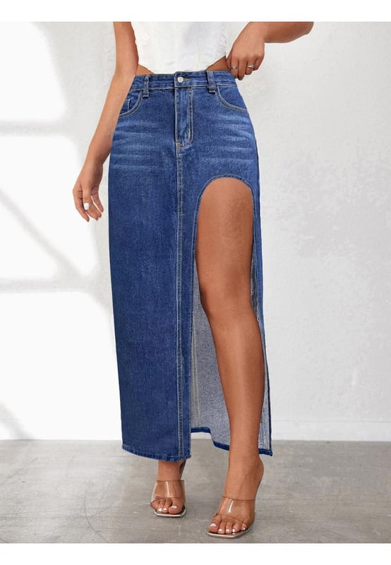 High Rise Slit Denim Skirt
  Slit design
  Material composition: 65% cotton 35% polyester
  Machine wash cold tumble dry low
  Imported