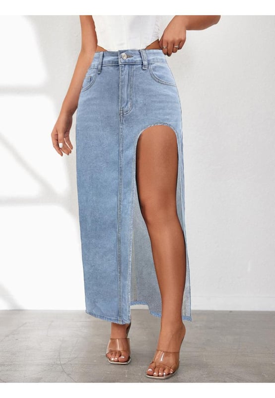 High Rise Slit Denim Skirt
  Slit design
  Material composition: 65% cotton 35% polyester
  Machine wash cold tumble dry low
  Imported