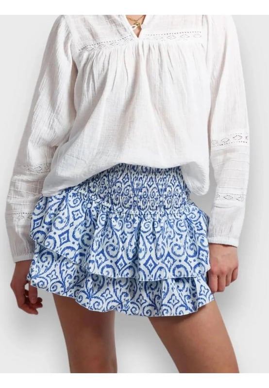 Falda Mini Estratificada  
  Presenta un diseño estratificado con fruncidos, smock y volantes  
  Cuerpo sin forro  
  Composición del material: 65% poliéster 35% algodón  
  Instrucciones de cuidado: lavar a máquina en frío, secar a baja temperatura  
  Importado  
  Medidas del producto (en pulgadas):  
  Talla S: US 2/4 Longitud 14.6 Cintura 22  
  Talla M: US 6/8 Longitud 15 Cintura 23.6  
  Talla L: US 10 Longitud 15.4 Cintura 25.2
