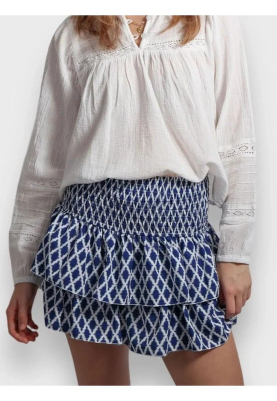 Layered Mini Skirt
  Features layered ruched smocked and ruffled design
  Body not lined
  Material composition: 65% polyester 35% cotton
  Care instructions: machine wash cold tumble dry low
  Imported
  Product Measurements (in inches):
  Size S: US 2/4 Length 14.6 Waist 22
  Size M: US 6/8 Length 15 Waist 23.6
  Size L: US 10 Length 15.4 Waist 25.2