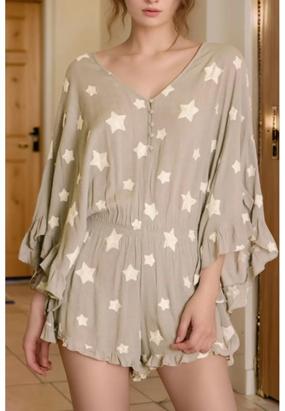 Ruffled sleeves
  100% polyester material
  Machine wash cold tumble dry low
  Imported
  Star print crinkle texture
  Kimono
  style design
