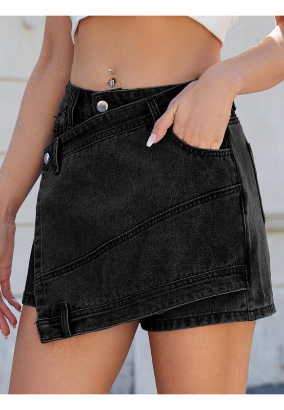 Asymmetrical design
  No stretch
  95% rayon 5% polyester
  Machine wash cold
  Tumble dry low
  Imported
  Available in sizes S to 2XL
  Size S: Waist 27.6 inches Hip 40.2 inches Bottom Length 13.8 inches
  Size M: Waist 29.5 inches Hip 42.1 inches Bottom Length 14.2 inches
  Size L: Waist 31.5 inches Hip 44.1 inches Bottom Length 14.6 inches
  Size XL: Waist 34.6 inches Hip 47.2 inches Bottom Length 15 inches
  Size 2XL: Waist 37.8 inches Hip 50.4 inches Bottom Length 15.4 inches
Material: Denim