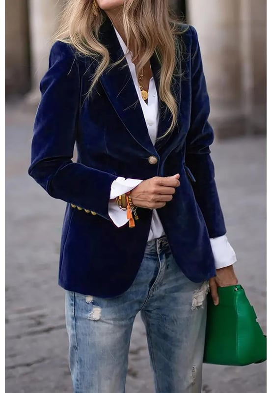 One Button Lapel Collar Long Sleeve Blazer
  Buttoned front
  Normal thickness
  Lined body
  Material composition: 100% polyester
  Care instructions: Machine wash cold Tumble dry low
  Imported
  Available sizes: S M L XL 2XL