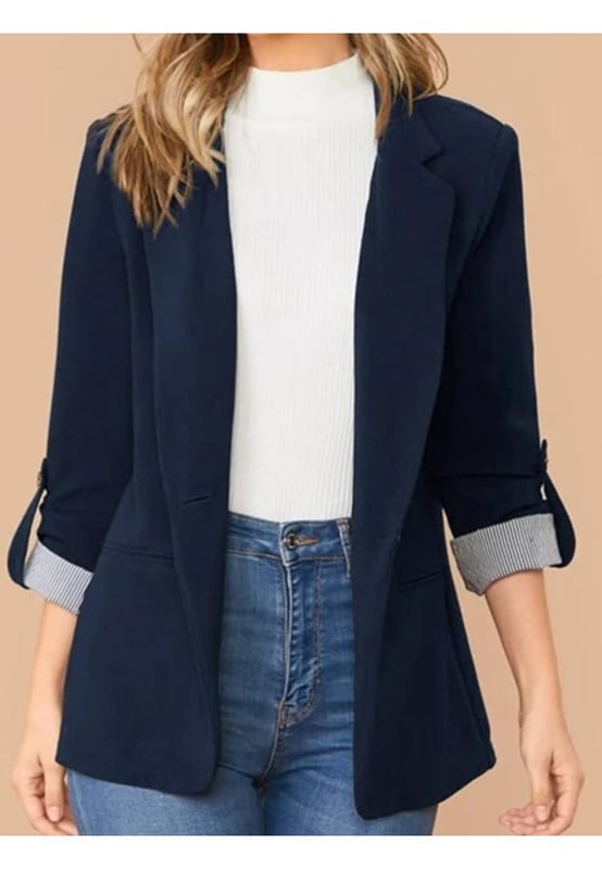 Lapel Collar Roll
  Tab Sleeve Blazer
  Basic style
  Normal thickness
  Material composition: 95% polyester 5% spandex
  Machine wash cold tumble dry low
  Imported
  Product measurements: S: bust 37.1 in length 27.3 in shoulder 15.6 in sleeve length 23.4 in
  Product measurements: M: bust 38.6 in length 27.7 in shoulder 16 in sleeve length 23.8 in
  Product measurements: L: bust 41 in length 28.1 in shoulder 16.6 in sleeve length 24.2 in
  Designed for women