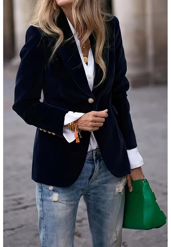 One Button Lapel Collar Long Sleeve Blazer
  Buttoned front
  Normal thickness
  Lined body
  Material composition: 100% polyester
  Care instructions: Machine wash cold Tumble dry low
  Imported
  Available sizes: S M L XL 2XL