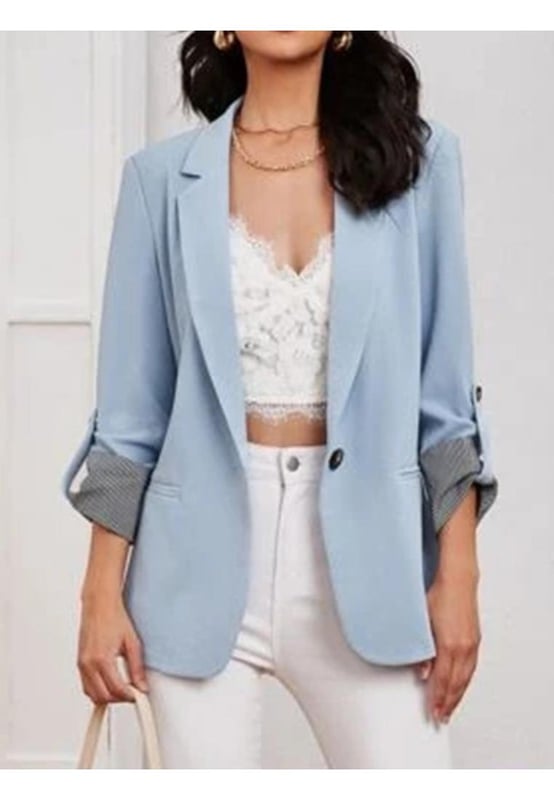 Lapel Collar Roll
  Tab Sleeve Blazer
  Basic style
  Normal thickness
  Material composition: 95% polyester 5% spandex
  Machine wash cold tumble dry low
  Imported
  Product measurements: S: bust 37.1 in length 27.3 in shoulder 15.6 in sleeve length 23.4 in
  Product measurements: M: bust 38.6 in length 27.7 in shoulder 16 in sleeve length 23.8 in
  Product measurements: L: bust 41 in length 28.1 in shoulder 16.6 in sleeve length 24.2 in
  Designed for women