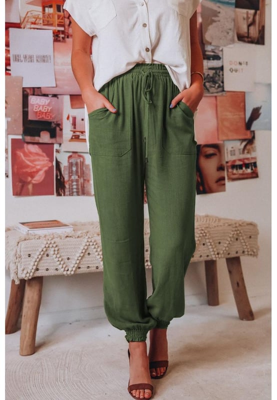 Pattern type: Solid
  Style: Casual
  Features: Tie Pockets
  Length: Long
  Material composition: 100% rayon
  Care instructions: Machine wash cold Tumble dry low
  Imported
  Product measurements:
  S: length 41 in waist 25
  32 in hip 43 in
  M: length 41 in waist 27
  34 in hip 45 in
  L: length 41 in waist 28
  36 in hip 47 in
  XL: length 42 in waist 32
  39 in hip 50 in