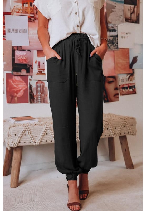Pattern type: Solid
  Style: Casual
  Features: Tie Pockets
  Length: Long
  Material composition: 100% rayon
  Care instructions: Machine wash cold Tumble dry low
  Imported
  Product measurements:
  S: length 41 in waist 25
  32 in hip 43 in
  M: length 41 in waist 27
  34 in hip 45 in
  L: length 41 in waist 28
  36 in hip 47 in
  XL: length 42 in waist 32
  39 in hip 50 in