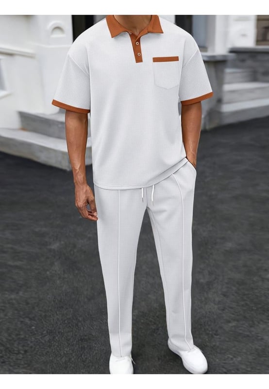 Mens Full Size Waffle
  Knit Contrast Polo and Pants Set Plus Size
  Basic style with waffle
  knit pattern
  Two
  piece set
  Moderate stretch for comfort
  Material composition: 100% polyester
  Care instructions: Machine wash cold tumble dry low
  Imported