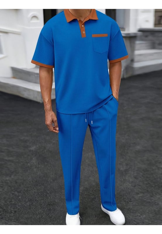 Mens Full Size Waffle
  Knit Contrast Polo and Pants Set Plus Size
  Basic style with waffle
  knit pattern
  Two
  piece set
  Moderate stretch for comfort
  Material composition: 100% polyester
  Care instructions: Machine wash cold tumble dry low
  Imported