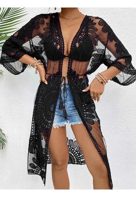 Lace Open Front Longline Cover
  Up
  Delicate lace design
  No stretch material
  Made from 100% polyester
  Machine wash cold tumble dry low
  Imported
  Measurements (One Size): Top Length
  38.6 inches Bust
  44.9 inches Shoulder
  19.7 inches Sleeve Length
  13.4 inches