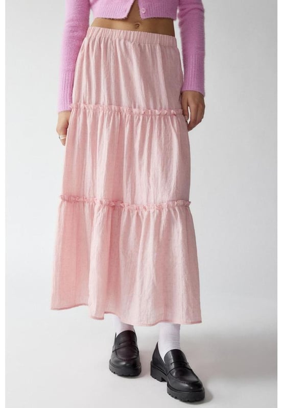 Frill Elastic Waist Skirt
  Features: Frill
  Sheer: Opaque
  Body: Lined
  Material composition: 65% polyester 35% cotton
  Care instructions: Machine wash cold tumble dry low
  Imported
  Product Measurements (inches):
  Size S (US 4): Length 37.4 Waist 25.2
  Size M (US 6/8): Length 37.8 Waist 26.8
  Size L (US 10/12): Length 38.2 Waist 29.1
  Size XL (US 14): Length 38.6 Waist 31.5