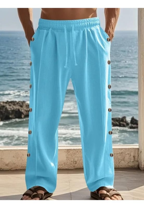 Basic Style mit Knopfleiste  
Materialzusammensetzung: 95 % Leinen, 5 % Polyester  
Pflegehinweise: Maschinenwäsche kalt. Bei niedriger Temperatur im Trockner trocknen.  
Importiert  
Produktmaße (Maße in Zoll):  
S: Länge 40,2 Bundweite 27,6 Innenbeinlänge 28,3 Hüfte 40,2  
M: Länge 40,9 Bundweite 29,1 Innenbeinlänge 28,7 Hüfte 41,7  
L: Länge 41,7 Bundweite 30,7 Innenbeinlänge 29,1 Hüfte 43,3  
XL: Länge 42,5 Bundweite 32,3 Innenbeinlänge 29,5 Hüfte 44,9  
2XL: Länge 43,3 Bundweite 33,9 Innenbeinlänge 29,9 Hüfte 46,5  
3XL: Länge 44,1 Bundweite 35,4 Innenbeinlänge 30,3 Hüfte 48
