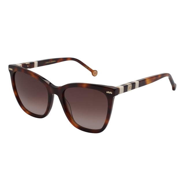 Cat-eye style sunglasses for women with acetate frames.

 Shape and design:
 - These Carolina Herrera sunglasses have a cat-eye silhouette.
 - The cat-eye silhouette gives the glasses a modern and edgy look.

 Frame material:
 - The frame of these glasses is made of acetate, a plastic material.
 - Acetate provides durability, flexibility and a smooth finish to the frame.
 - This makes the glasses durable and comfortable to wear.

 Acetate temples:
 - The temples are also made of acetate, matching the frame material.
 - The acetate on the temples makes them lightweight and comfortable to wear.

 Brand details:
 - Brand logo Carolina Herrera engraved on the temples.
 - These design elements help clearly identify the model as part of the Carolina Herrera eyewear collection.
 - All our products are shipped in their original packaging, along with certificates of authenticity and warranty.

 Glasses:
 - The lenses are of high quality.
 - 100% UVB 400 protection.
 - Anti-reflective glass.
 Measures: Lens height: 46 mm. Lens width: 55 mm. Bridge: 18 mm. Temples: 145 mm.
 Composition: Acetate
 Care:
Wash only with water or, if necessary, a mild soap.
 Dry with a soft cloth to avoid scratches.
 Avoid contact with harsh surfaces or abrasive liquids.