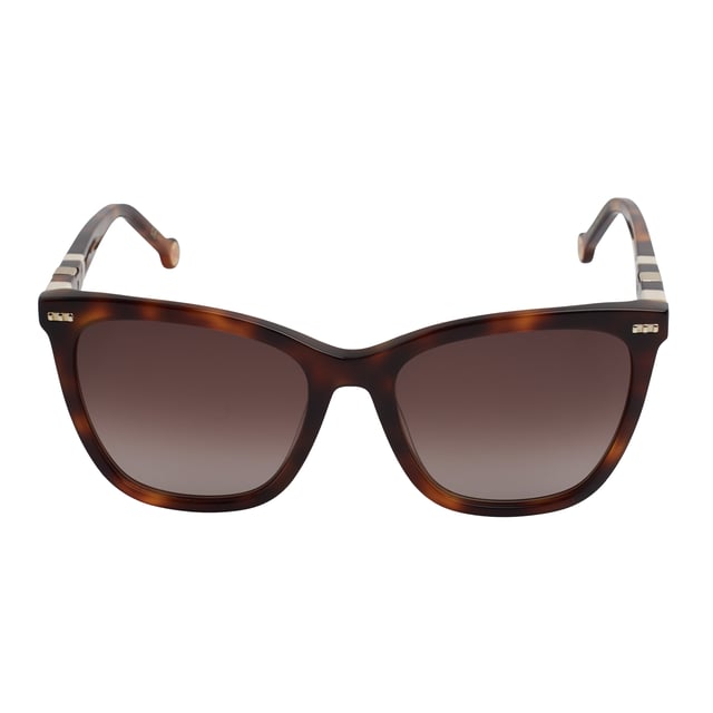 Cat-eye style sunglasses for women with acetate frames.

 Shape and design:
 - These Carolina Herrera sunglasses have a cat-eye silhouette.
 - The cat-eye silhouette gives the glasses a modern and edgy look.

 Frame material:
 - The frame of these glasses is made of acetate, a plastic material.
 - Acetate provides durability, flexibility and a smooth finish to the frame.
 - This makes the glasses durable and comfortable to wear.

 Acetate temples:
 - The temples are also made of acetate, matching the frame material.
 - The acetate on the temples makes them lightweight and comfortable to wear.

 Brand details:
 - Brand logo Carolina Herrera engraved on the temples.
 - These design elements help clearly identify the model as part of the Carolina Herrera eyewear collection.
 - All our products are shipped in their original packaging, along with certificates of authenticity and warranty.

 Glasses:
 - The lenses are of high quality.
 - 100% UVB 400 protection.
 - Anti-reflective glass.
 Measures: Lens height: 46 mm. Lens width: 55 mm. Bridge: 18 mm. Temples: 145 mm.
 Composition: Acetate
 Care:
Wash only with water or, if necessary, a mild soap.
 Dry with a soft cloth to avoid scratches.
 Avoid contact with harsh surfaces or abrasive liquids.
