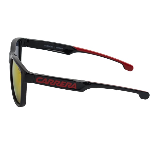 Estas gafas de sol Carrera en colaboración con Ducati canalizan una estética deportiva y audaz, pensada para los amantes de la velocidad, el diseño dinámico y la actitud urbana. Su estilo envolvente y moderno garantiza rendimiento, estilo y protección en cualquier situación.

Forma y diseño:
- Silueta rectangular ligeramente envolvente para mayor cobertura visual.
- Inspiración deportiva con líneas fluidas y aerodinámicas.

Material de la montura:
- Montura de poliamida inyectada, ligera y altamente resistente.

Detalles de la marca:
- Logotipo Carrera en el frontal y varilla; emblema Ducati en el interior.
- Diseño especial Ducati Performance para entusiastas del motociclismo y la adrenalina.

Lentes:
- Lentes espejo con protección UV 100%.

Contenido: 
- Gafas de sol, estuche, pañuelo y folleto.
 Medidas: Ancho lente: 57 mm. Puente: 17 mm. Patillas: 135 mm.
 Composición: Poliamida
 Cuidados:
Lavar solo con agua o, si fuese necesario, un jabón suave.
Secar con el paño suave para evitar rayaduras.
Evitar el contacto con superficies rigurosas o líquidos abrasivos.