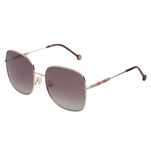 CH0035S sunglasses with metal frame.

 Shape and design:
 - These sunglasses feature a square, soft-edged silhouette that balances structured elegance with modern lines.

 Frame material:
 - The frame is made of lightweight metal, ensuring strength without sacrificing comfort.

 Metal temples:
 - The temples are also made of metal, matching the frame material.
 - The metal on the temples adds strength and stability to the frame of the glasses.

 Brand details:
 - Round emblem with the brand's insignia integrated into the temples.
 - Contrasting decorative inserts that add a distinctive touch to the design.

 Glasses:
 - Lenses with 100% UV protection filter, ideal for daily outdoor use.
 Measures: Lens height: 56 mm. Lens width: 59 mm. Bridge: 19 mm. Temples: 145 mm.
 Composition: Metal
 Care:
Wash only with water or, if necessary, a mild soap.
 Dry with a soft cloth to avoid scratches.
 Avoid contact with harsh surfaces or abrasive liquids.