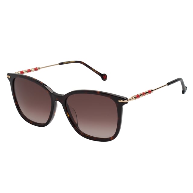 These Carolina Herrera sunglasses fuse contemporary design with timeless elegance in a softened square silhouette, ideal for elevating any style with ease and distinction.

 Shape and design:
 - Square silhouette with softly rounded edges.
 - Wrap-around design provides a comfortable and flattering fit.

 Frame material:
 - Combination of acetate on the front with ultra-light metal temples.
 - Acetate terminals that guarantee comfort and stability during prolonged use.

 Brand details:
 - Distinctive Carolina Herrera logo on temples.
 - Temples decorated with elegant enamelled metal rings.

 Glasses:
 - Lenses with 100% UV protection filter, ideal for safe sun exposure.
 Measures: Lens width: 56 mm. Bridge: 16 mm. Temples: 145 mm.
 Composition: Acetate
 Care:
Wash only with water or, if necessary, a mild soap.
 Dry with a soft cloth to avoid scratches.
 Avoid contact with harsh surfaces or abrasive liquids.