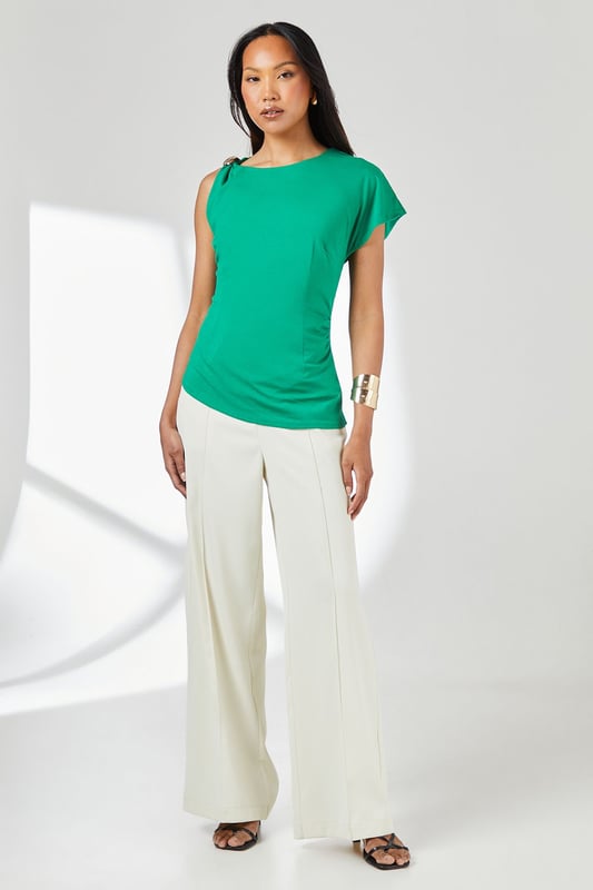 Distinctive asymmetric neckline with decorative trim detail for a modern twist
        Soft jersey fabric offers comfortable stretch and excellent drape
        Elegant one-shoulder design with stylish gathered detail
        Flattering regular fit with subtle ruching along the side seam
        Versatile cap sleeve styling creates a balanced silhouette
    
    This Principles asymmetric top combines contemporary design with everyday comfort. The distinctive neckline with its decorative trim creates visual interest whilst the soft jersey fabric ensures the top feels as good as it looks. Style with wide-leg trousers as shown for a polished daytime ensemble perfect for lunch dates or gallery visits. The versatile design works brilliantly with tailored shorts and flat sandals for warm-weather outings, or layer under a lightweight cardigan when the temperature drops. Add statement jewellery to enhance the unique neckline detail. The ruched side seam creates a flattering silhouette that works wonderfully for casual gatherings or family events. This top offers the perfect balance of distinctive design and everyday wearability - a true wardrobe hero for the style-conscious woman.
