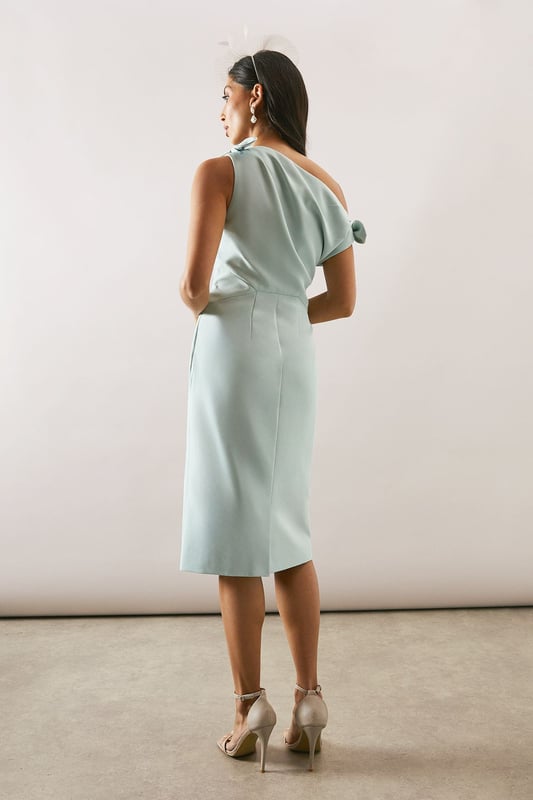 3D Appliques Floral Shoulder Tie Waist Pencil Dress