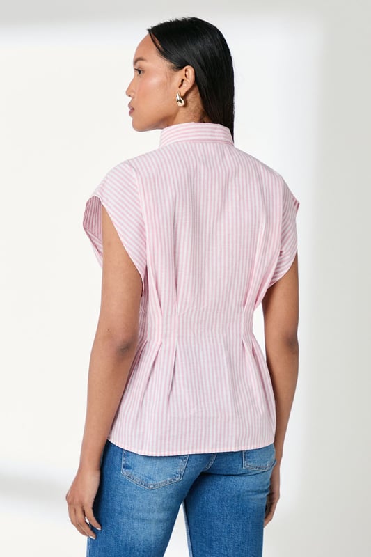 Elegant striped shirt with distinctive pleat detailing for a flattering silhouette
        Crafted from a cotton-linen blend for breathable comfort throughout the day
        Classic collared neckline with full button-through fastening
        Relaxed cap sleeves create a contemporary, effortless look
        Cinched waist pleats add structure and feminine shaping
    
    This Principles striped shirt combines timeless style with modern detailing, making it a versatile addition to your wardrobe. The structured pleats create a beautifully tailored effect at the waist, whilst the relaxed cap sleeves offer a contemporary twist on a classic design. Style with straight-leg jeans and leather sandals for casual weekend brunches, or tuck into tailored trousers with ballet flats for a polished office ensemble. The cotton-linen blend ensures this piece remains comfortable for all-day wear, whether you're running errands or meeting friends for coffee. Layer under a lightweight cardigan when the temperature drops, or wear open over a simple vest top for a more relaxed approach. This shirt works beautifully for family gatherings or casual daytime events where understated elegance is key.
