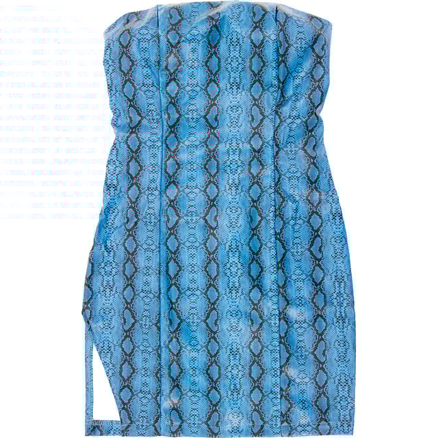 Snake print dress with a split hem and zipper at the back.