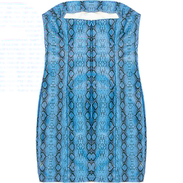 Snake print dress with a split hem and zipper at the back.